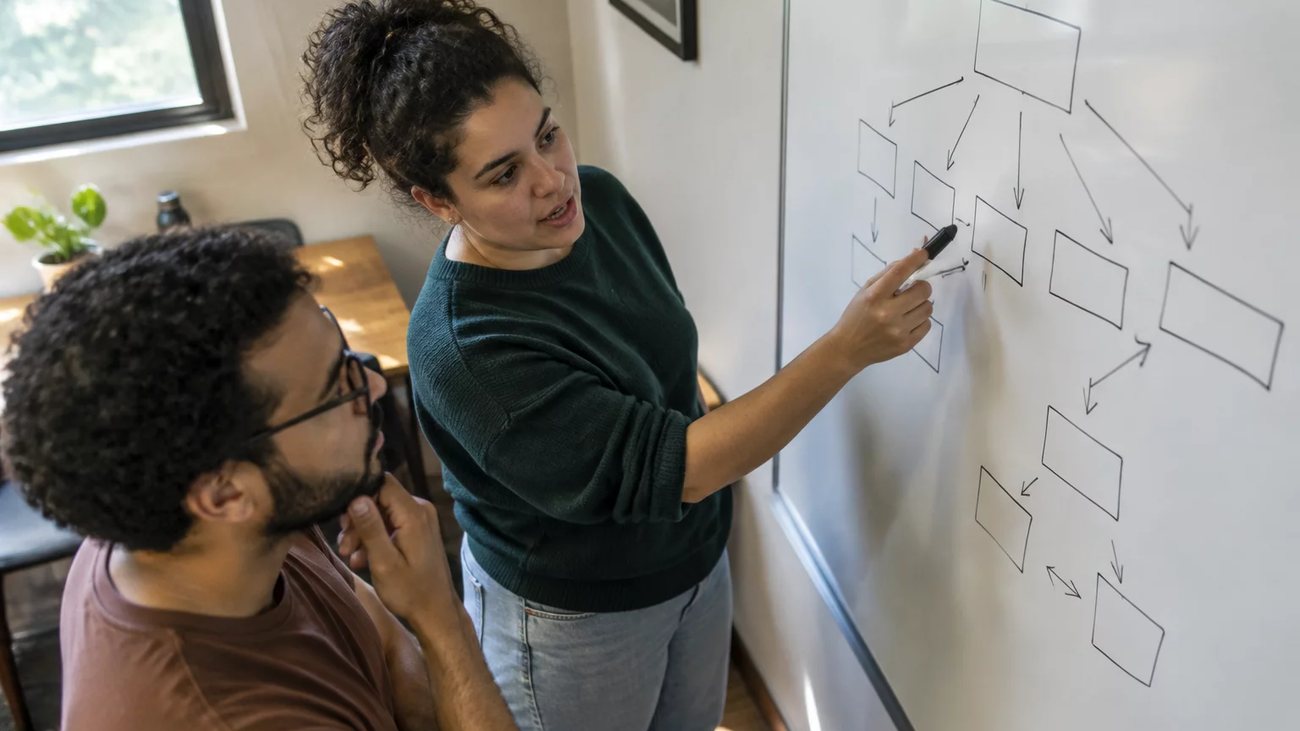 Duas participantes de pé diante do quadro branco, montando um argumento a caneta